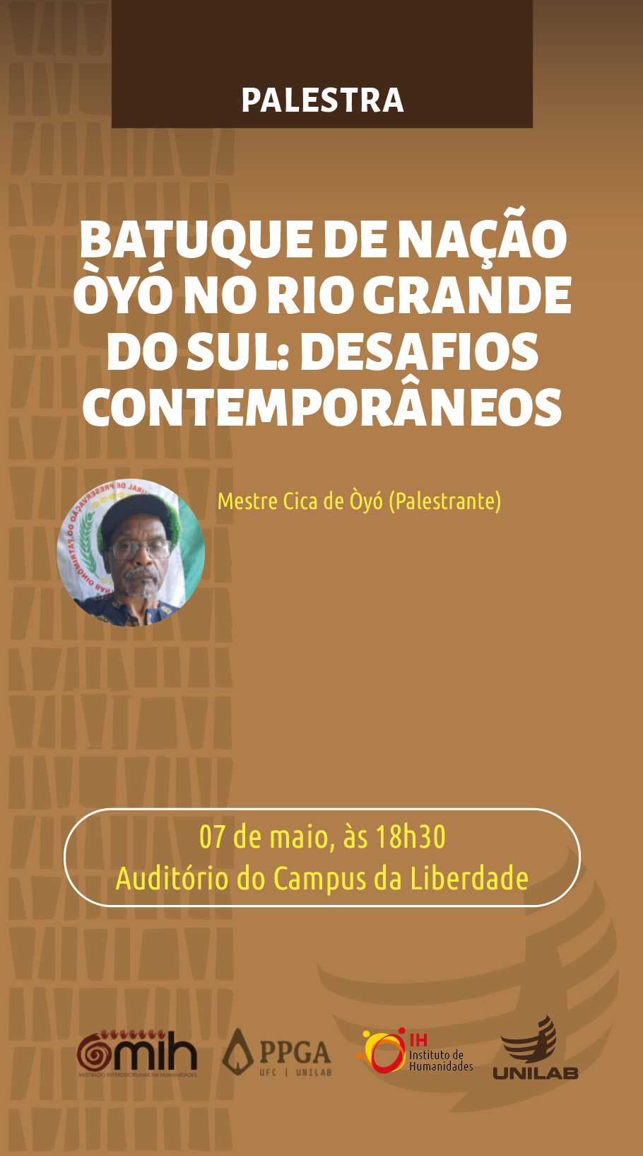 Imagem referente a postagem de título [07/05/25 às 18:30] Palestra: “Batuque de Nação Òy...